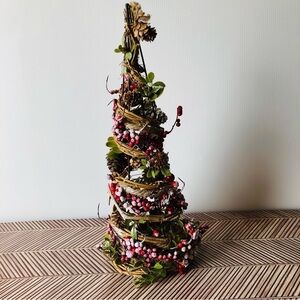 Hobby Lobby Christmas Cone Tree Primitive Rattan Frosted Berry and Pinecones